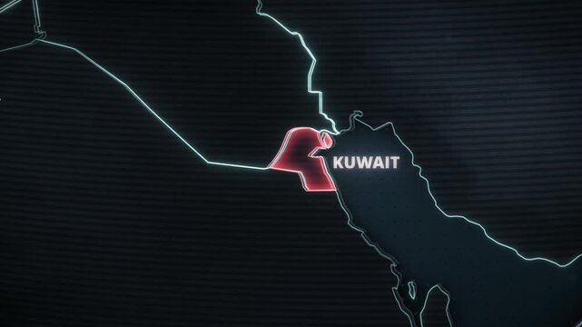 A 3D topographic map animation of Kuwait, Middle East, featuring a glowing red territorial highlight, extruded neon borders, and typography, ideal for an educational documentary presentation.
