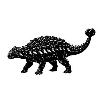 Detailed black and white illustration of an ankylosaurus dinosaur walking