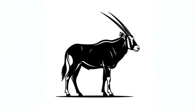 Detailed black and white vector illustration of an oryx antelope standing