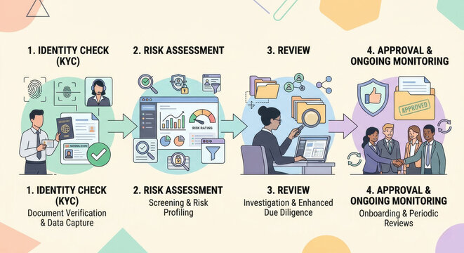 KYC workflow infographic showing identity verification, screening, onboarding, review, and approval.