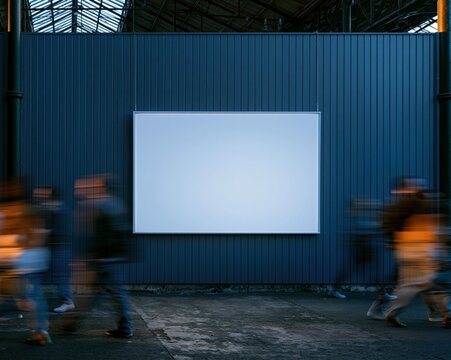 Blank banner mockup on a fluted wall in a warehouse market hall, featuring blurred people and cool skylight for commercial advertising copy space