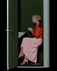 Obraz premium Woman in a satin shirt and long skirt using a smartphone inside a soft felt acoustic phone booth, for hybrid workplace and office design campaigns