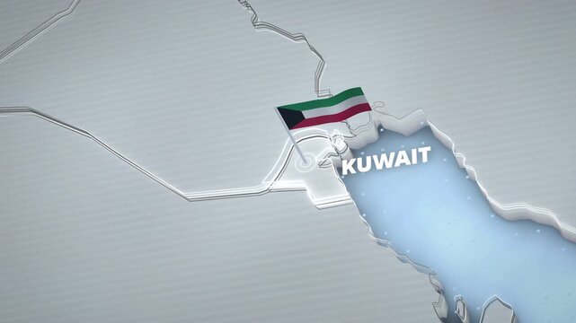 3D topographic map animation of Kuwait, Middle East featuring a waving national flag, glowing border highlight, and typography, ideal for a horizontal documentary presentation.
