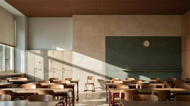 Empty elementary classroom with rows of wooden desks and a warm slatted ceiling, featuring a serene mood for school readiness and campus facility visuals