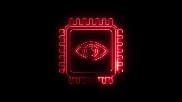 Glowing red computer chip icon with eye symbol