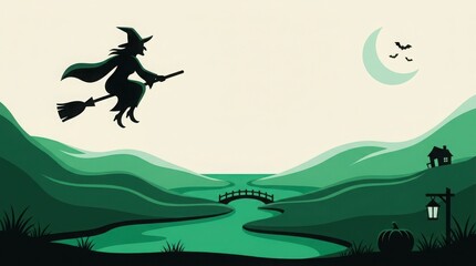 Fototapeta premium Witch flying on broomstick over green valley at night isolated on transparent background, Vector, illustration
