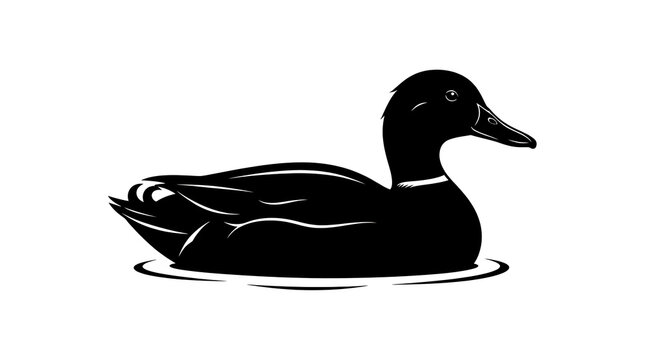 Black silhouette of a duck swimming on water ripples with a simple black