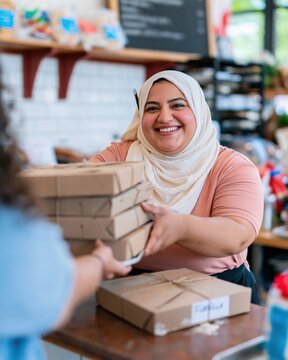 South Asian woman in a cream hijab handing over stacked bakery boxes at a counter, smiling in a warm shop for holiday food pre-order campaigns