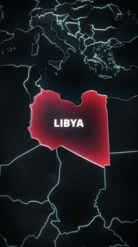 Digital map of Libya, North Africa featuring a glowing red geographic highlight and typography, optimized for portrait educational graphics or vertical mobile travel infographics.
