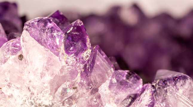 Amethyst purple crystals. Gems. Mineral crystals in the natural environment. Texture of precious and semiprecious stones. Seamless background with copy space colored shiny surface of precious stones.
