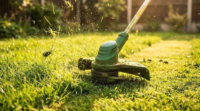 Green grass trimmer cutting lawn in garden during sunny day close up with electric sunlight maintenance landscaping