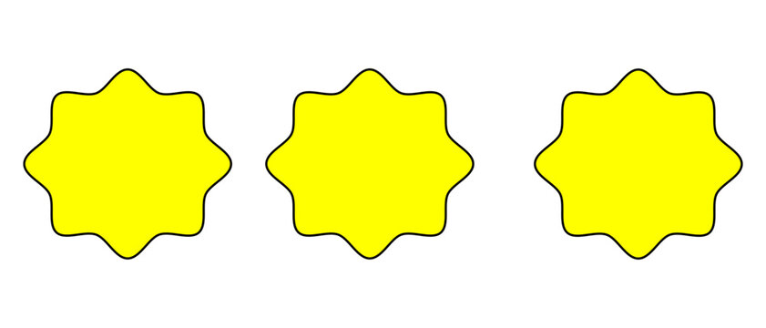 Three yellow starburst shapes with wavy edges and black outlines for design elements and promotional labels or sale tags set against a plain visual space for easy editing