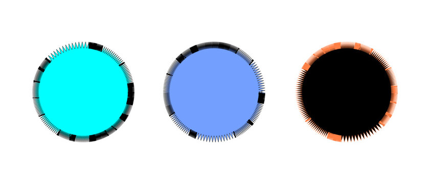 Three colorful circle shapes with jagged edges and textured outlines arranged in a horizontal row as simple graphic design elements for modern digital art and web projects