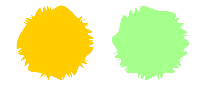 Two bright yellow and light green circular shapes with rough jagged edges hand drawn ink brush stroke style design elements for creative graphic art projects and labels