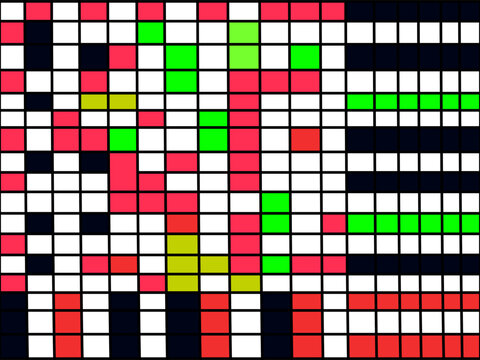 Abstract digital grid pattern with colorful square blocks in red green and yellow on a black background for modern graphic design textures and vibrant creative art projects