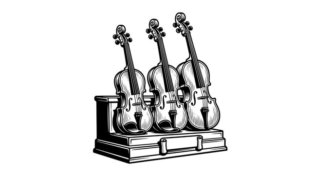 Three violins displayed in a rack woodcut illustration.
