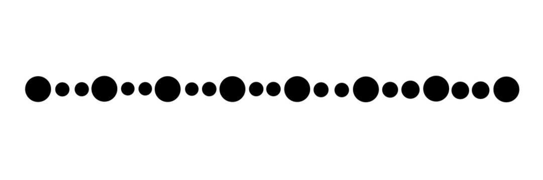A horizontal row of black dots of different sizes arranged in a line pattern as a decorative divider element for graphic design projects in a clean and simple minimalist style