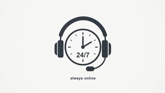 24 Hour Customer Support Headset Animation on White Background