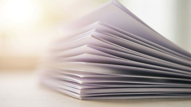 Stack of white paper sheets on a desk, office document pile with soft natural lighting.