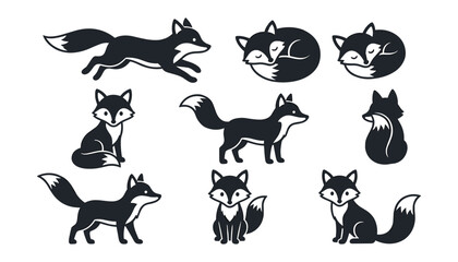 Obraz premium Cute Black and White Fox Silhouette Vector Set with Different Poses for Laser Cutting Stencils Vinyl Decals Stickers and Kids Graphic Designs