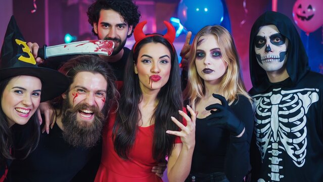 Group of friends in Halloween costumes at a party, spooky holiday celebration portrait.