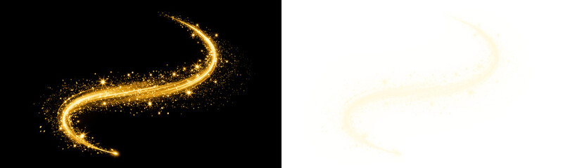 Golden magic light trail with glitter particles and star dust isolated on black background isolated on transparent background © MDABUL