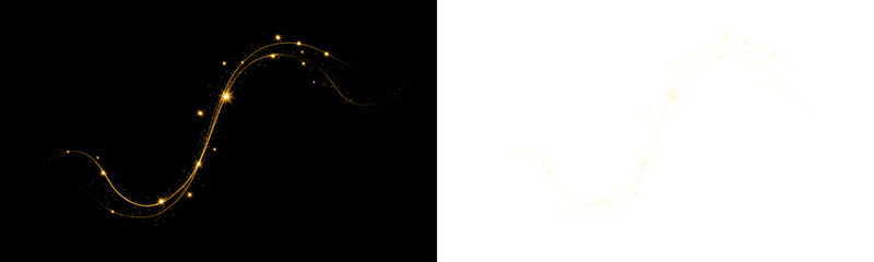 Golden glowing wave with sparkles, light trail effect, magic dust particles, luxury design element for celebration isolated on transparent background © MDABUL
