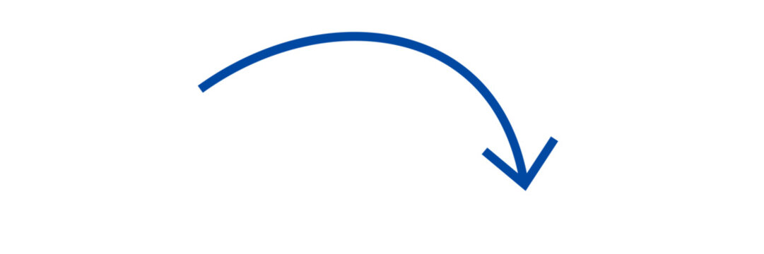 Simple blue curved arrow pointing down and to the right representing a direction or path for web design icons and business graphics presentation elements for user interface