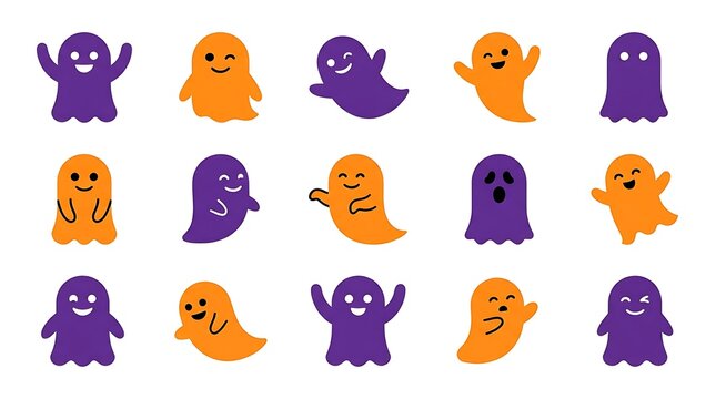 Set of cute cartoon ghosts in purple and orange colors for halloween party decorations and festive design elements