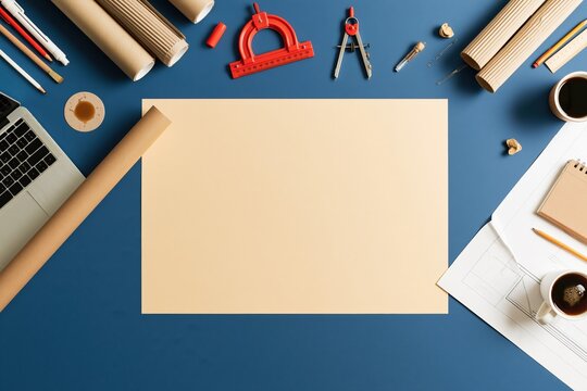 Empty parchment paper mockup on a blue architect desk with technical tools, laptop and blueprints, featuring copy space for construction services