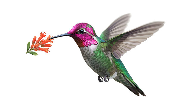 Hummingbird hovering near a small flower isolated on white background