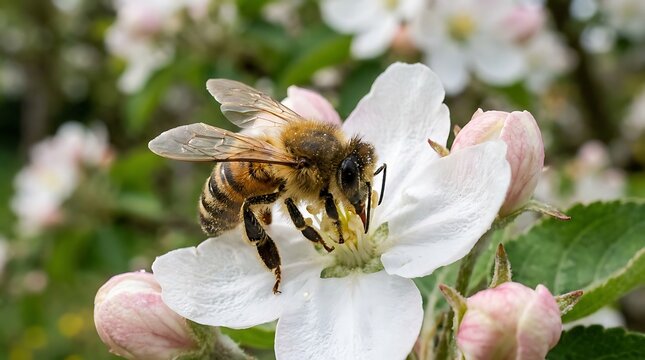 Honey bee collecting nectar on a blooming white apple tree flower