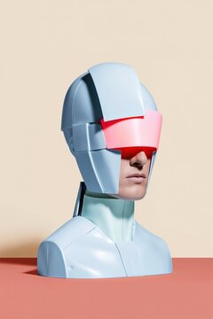 Humanoid robot head and torso with a smooth blue surface and glowing red visor, featuring a futuristic design and copy space for AI concepts