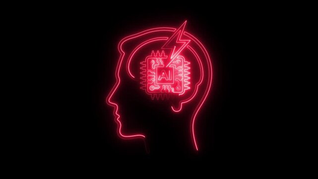 Red glowing neon human head with ai chip and lightning bolt