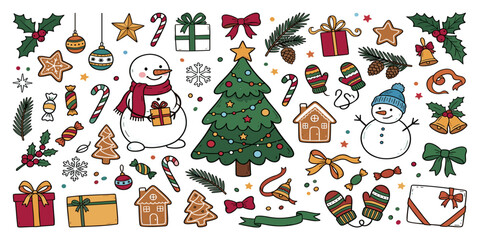 Fototapeta premium Christmas holiday elements collection with decorated tree snowman gifts gingerbread house and winter ornaments vector