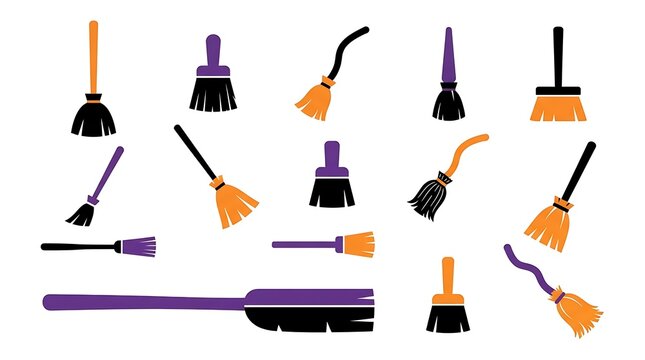 Set of various witch broomsticks for halloween celebration isolated on white background in flat cartoon style