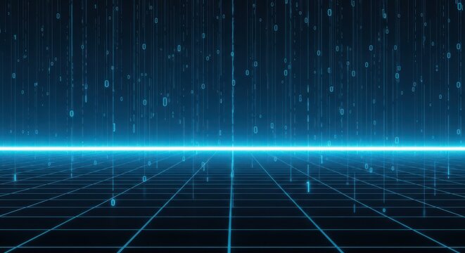 Digital binary code rain falling over a glowing blue grid perspective background