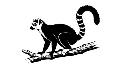 Naklejka premium Ring tailed lemur perched on a tree branch black and white illustration