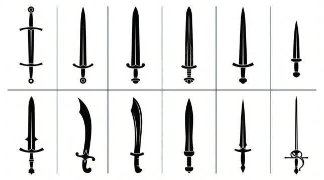 A set of black silhouette sword and dagger icons isolated on white background