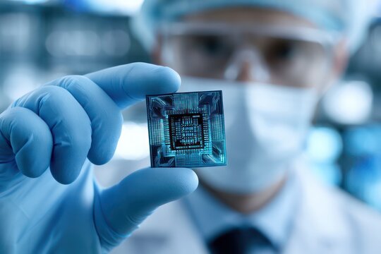 Scientist holding microchip in technology laboratory