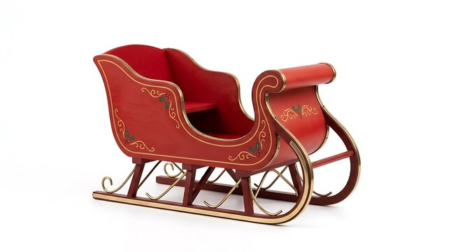 Classic red sleigh with ornate gold trim and holly accents for winter holidays