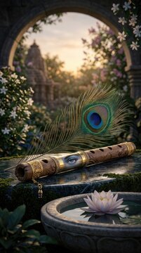 Sacred deity symbol: divine Govinda, holy Gopala, mystic Hari, Keshava flute, peacock feather, lotus pond, stone temple, Shyam aura, dream eye, cosmic dawn, silent prayer.