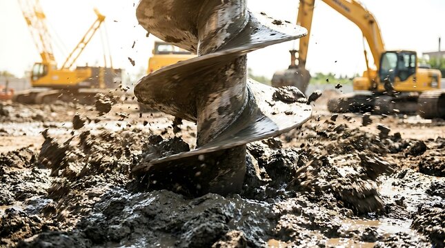 Heavy construction drilling auger machine boring deep into muddy ground at active industrial worksite with drilling