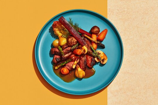 Sliced beef steak with glossy pan jus and roasted vegetables on a teal plate, featuring rich golden tones for restaurant menus and dining campaigns