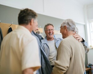 Fototapeta premium Senior man laughing while greeting friends in a community room, featuring a warm social atmosphere with copy space for active ageing campaigns