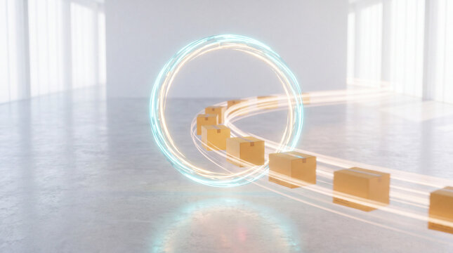 Cardboard Parcel Following Glowing Circular Warehouse Route