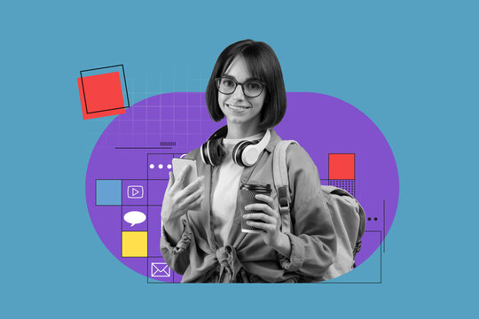 Smiling Young Female Student With Glasses Holding Smartphone And Coffee Mug, Engaged In Learning Process At Modern Classroom Setting. Happy Millennial Woman Enjoying Education Concept.