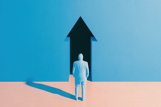 Silhouetted person standing before a large arrow shaped opening in a blue wall with a polished floor for business growth and success concepts
