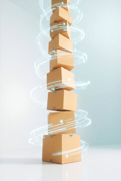 Digital Light Trails Wrapping a Vertical Cardboard Parcel Stack