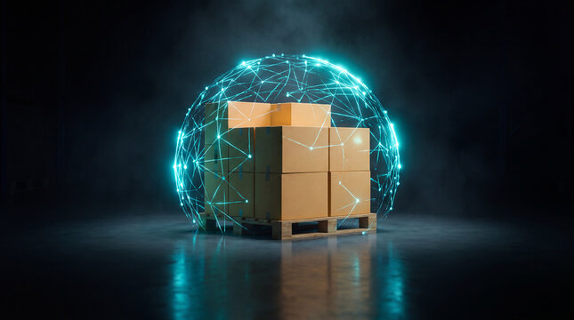 Digital Network Sphere Protecting a Cardboard Shipping Box